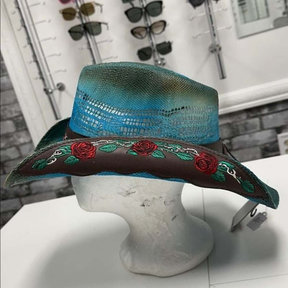 Embroidered Blue and Green Women's Cowgirl Hat - Picture 2 of 2